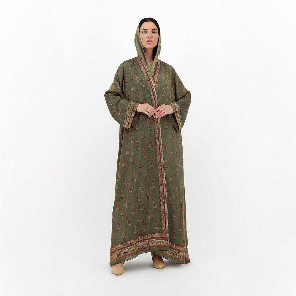 Olive Heritage Printed Hooded Abaya
