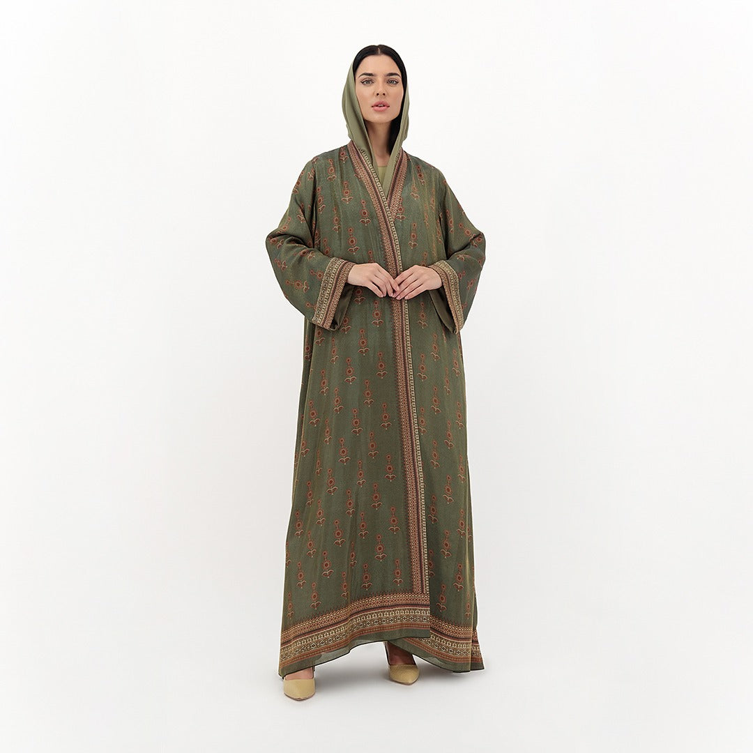 Olive Heritage Printed Hooded Abaya
