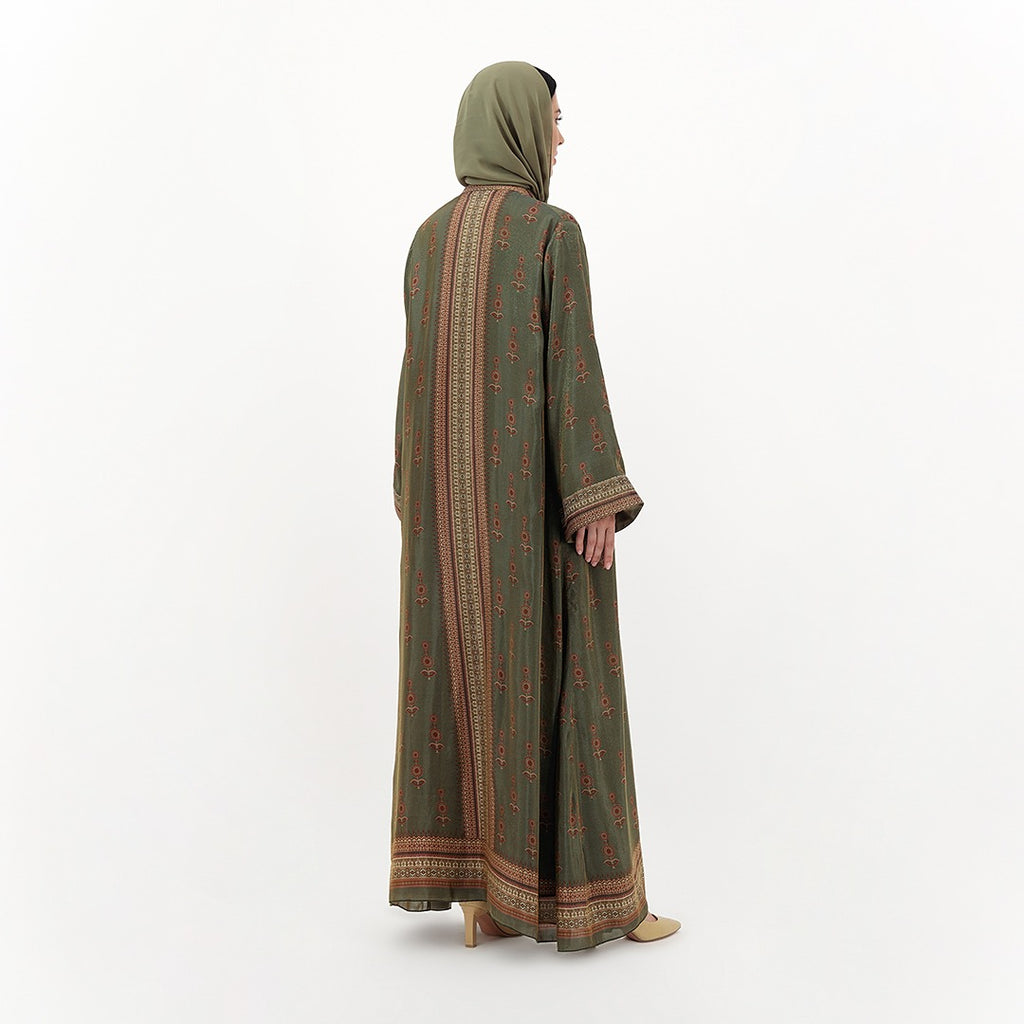 Olive Heritage Printed Hooded Abaya