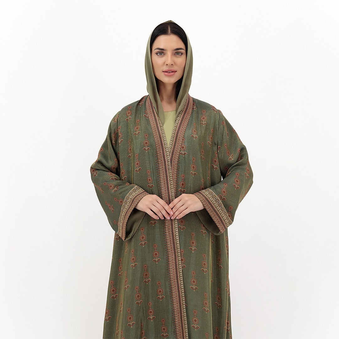 Olive Heritage Printed Hooded Abaya